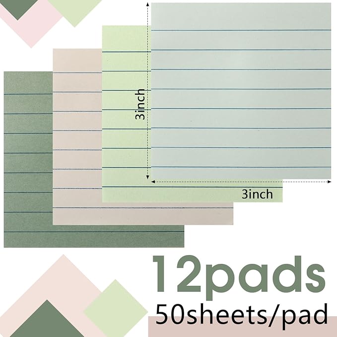 AmazingSpark 12 Pack Sage Green Lined Sticky Notes 3x3 inch Post Ruled Stickies Super Self Stick Power Memo Pads Multi Colors Notes Pads Vintage Aesthetic School Office Supplies Accessories