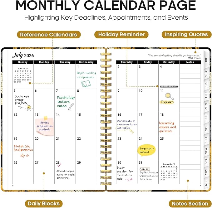 Planner 2026–2027, Academic Monthly Weekly Spiral Calendar, July 2026 – June 2027, Hardcover Agenda Notebook with Tabs, 6.3" x 8.5", Perfect for Students, Teachers, School & Daily Planning - Nocturne Sunflowers