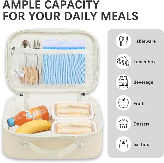 FlowFly Kids Lunch box Insulated Soft Bag Mini Cooler Back to School Thermal Meal Tote Kit for Girls, Boys, Beige