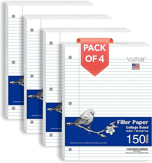 WritePads College Ruled Loose Leaf Paper, 600 Sheets Bulk Notebook Paper, 8"x10-1/2" 3 Hole Punched Binder Filler Paper, Fits Standard 3-Ring Binders, Ink Bleed Resistant White Paper, Made in USA
