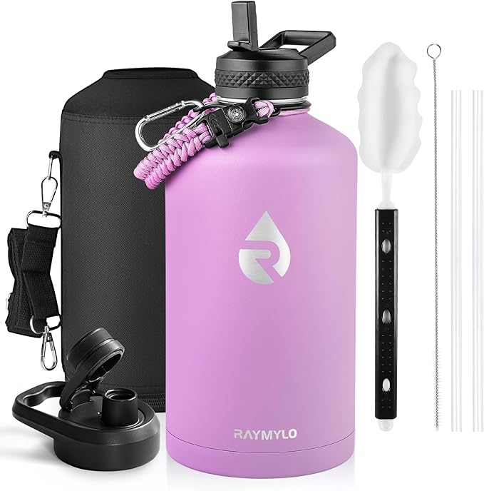 RAYMYLO One Gallon Water Bottle Insulated, Triple Walled Vacuum Stainless Steel (Cold for 48 Hrs), Leak Proof & Non-BPA, Large Water Flask Jug with Paracord Handle & Straw Spout Lids