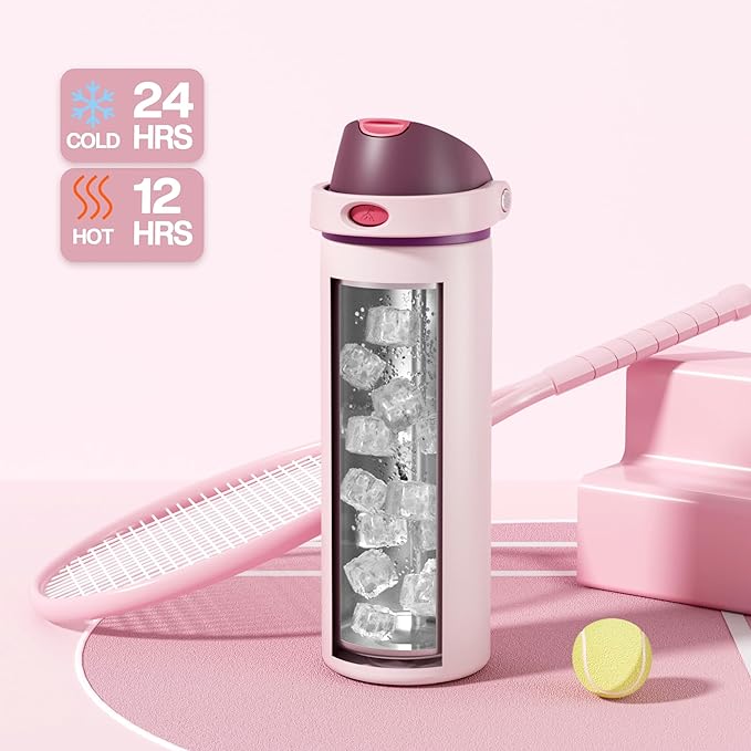 POWCAN 24 oz Stainless Steel Water Bottle: 2-in-1 Push-Button Spout & Quick-Flip Straw, Leakproof, Cold 24 Hrs, Fits Car Cup Holder, Insulated Bottle for Gym, School, Travel, Outdoor Gift (Plum Field)