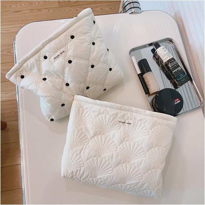 uekeboag White Shells Quilted Cotton Makeup Bag,Coquette Travel Pouch | Cotton Aesthetic Cosmetic Bag for Women,Shell Embroidery,Wedding Gifts, Bridal Gifts