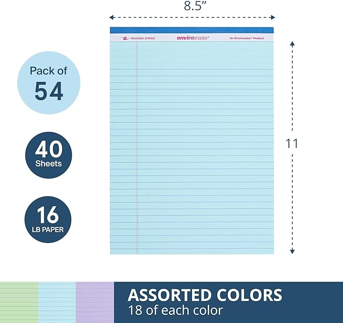Roaring Spring Enviroshades Assorted Colored Legal Pads, 54 Pack, Legal Ruled Recycled Writing Note Pads, 8.5" x 11", 40 Sheets, Perforated Paper, Made in USA, Memo Pad For School & Office