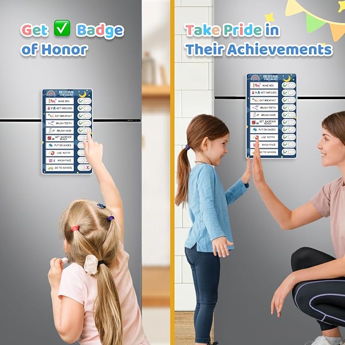 2 in 1 Bedtime/Morning Routine Chart for Kids Toddlers, Magnetic Chore Chart for Kids, Cute Visual Schedule for Kids Schedule Board for Home, Kids Checklist to Do List ADHD Tools for Kids