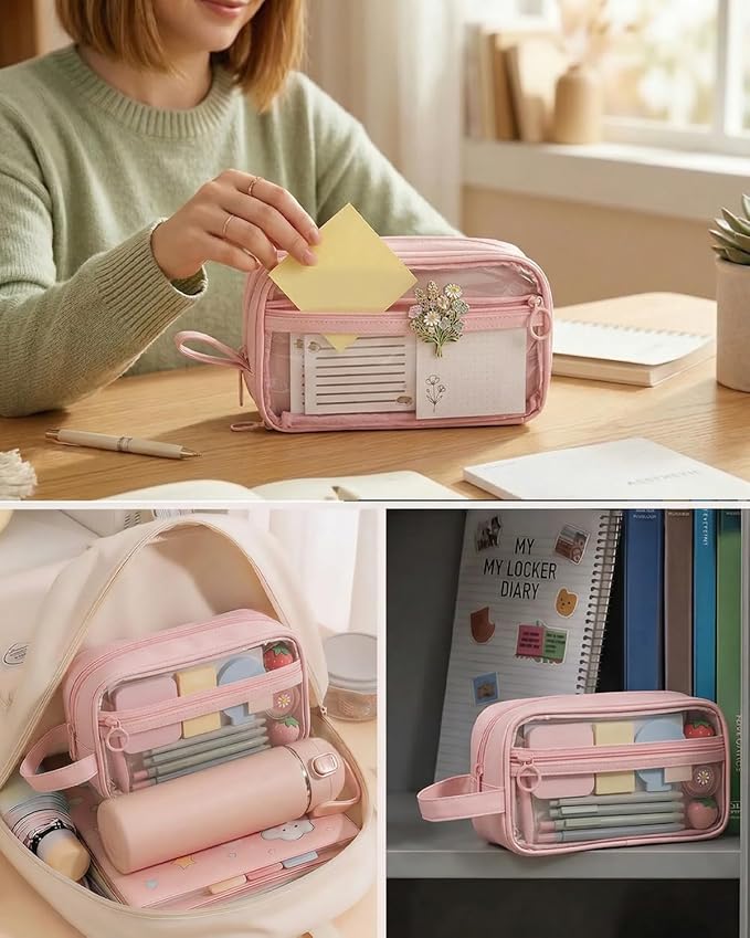 41Pcs Aesthetic Pink Office Supplies Set, All-in-One 5 Compartments Desk Organizer Kit with Large Capacity Pen Pouch, A5 Notebook for Women & Journaling (pink)