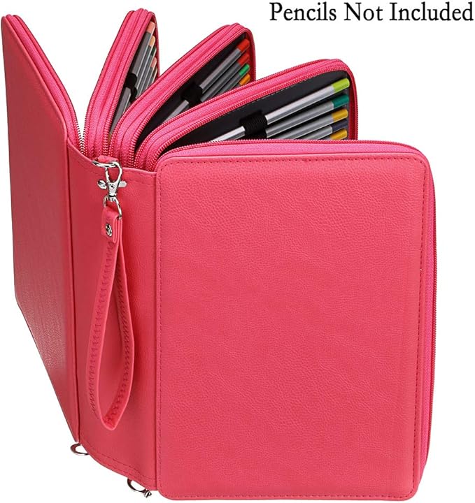 BTSKY 200 Slots Colored Pencil Organizer - Deluxe PU Leather Pencil Case Holder With Removal Handle Strap Pencil Box Large for Colored Pencils Watercolor Pencils (Pink)