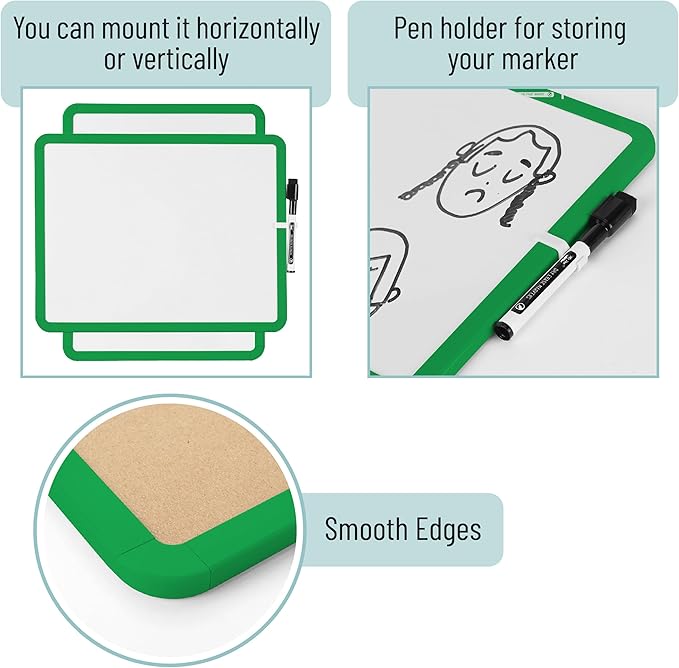 Mr. Pen- Dry Erase Board, 14” x 11” with a Black Dry Erase Marker, Green Frame, Small Mini White Board for Students, Fridge, Wall, Locker, Includes Double Sided Tapes