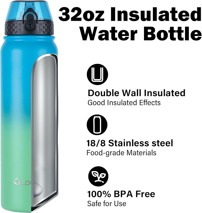 Oldley Insulated Water Bottle 32oz Water Bottles with Straw, Stainless Steel Water Bottle with 3 Lids, Double Wall Vacuum Bottles for Adult,Sports Bottles for School Travel,Tropical Rainforest