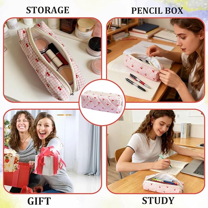 Pencil Pouch Cute Pencil Case Office Storage Bag Holder Box Organizer Aesthetic Bow Flower Pattern Makeup Pouch Cosmetic Bag for Women Girls (Pink plaid+Cherry)