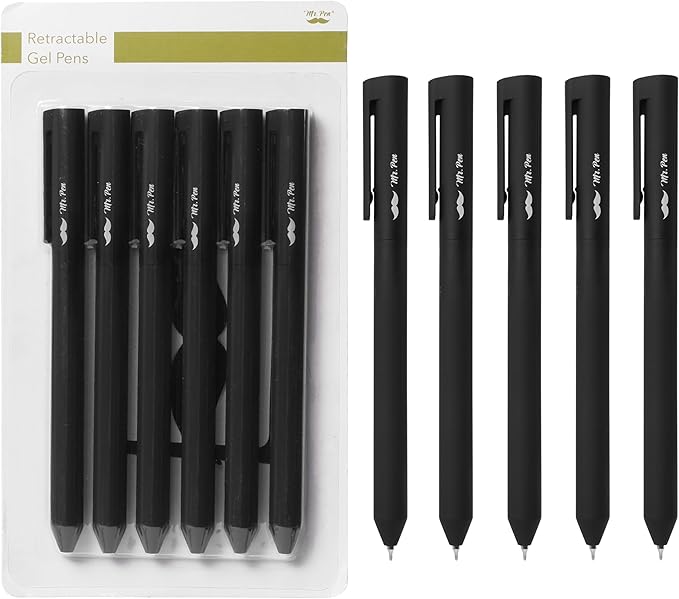 Mr. Pen- Retractable Gel Pens, 6 Pack, Black Ink, Black Barrels, Fine Point 0.5 mm, Fast Dry, Smooth Writing, Cute Pens for Drawing, Writing Planner and School Supplies