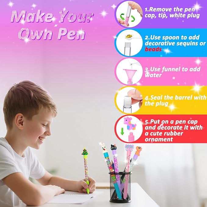 MOMUSE 50 Accessories DIY Pen Making Kit, Fun Pen Creator Studio – Making 12 Sparkly Pens with Sequins Beads, Creative Art Craft Kits Birthday Back School Gift for Kids Tweens Girls 6 7 8 9 10 Years