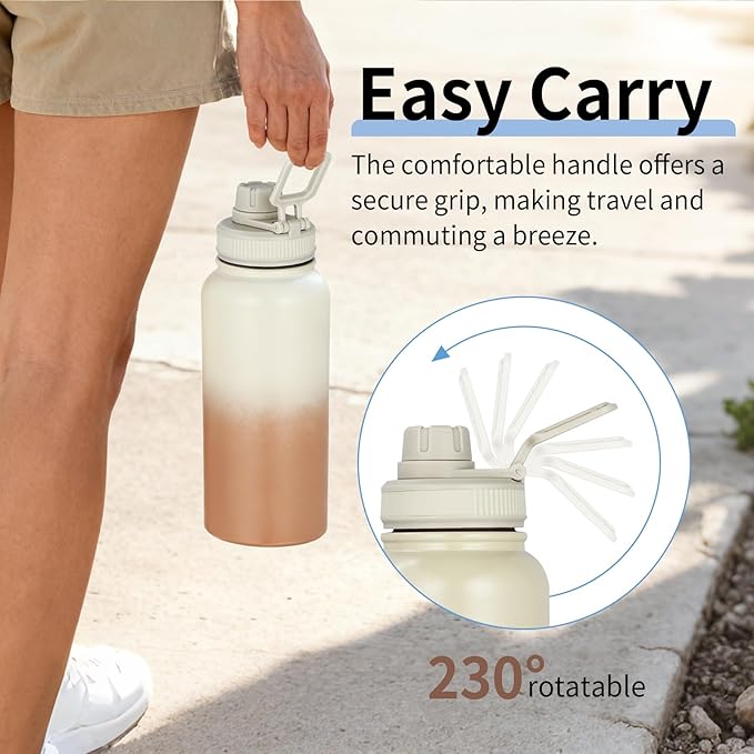 Gulex Motivational Water Bottle 32oz with Time Marker- Leakproof & BPA Free Sports Water Bottle with Straw & Carry Strap for Gym, Travel and Outdoor Sports (Stainless steel insulation-Brwom)