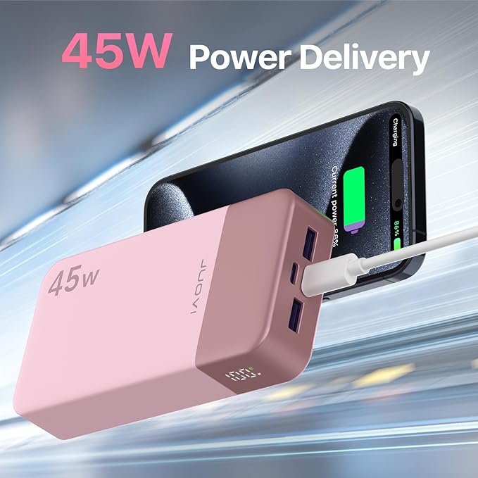 JUOVI Power Bank 45W 20000mAh Portable Charger USB C, PD QC Fast Charging 4-Port(2C+2A) External Battery Pack with LED Display, for iPhone 15 16 MacBook ipad