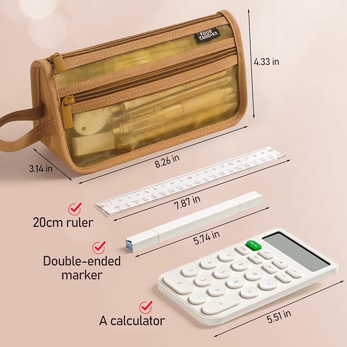 Four Candies Grid Mesh Pencil Case with Handle and Zipper, Clear Double-layer Pencil Pouch Marker Pouch, Travel Makeup Bag, Cute Transparent Stationary Organizer Pen Bag for Adult Office College | Smooth Zipper, Transparent Pencil Pouch, Cute Stationar...