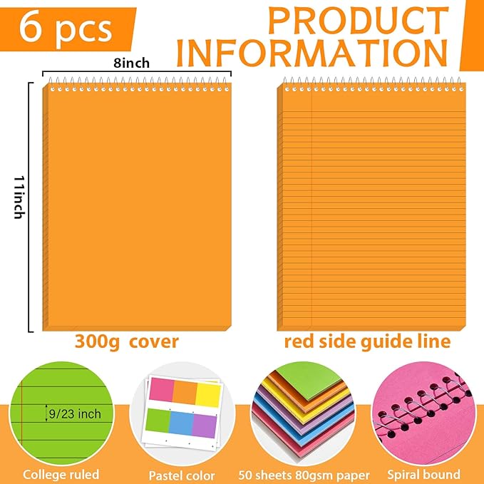 gisgfim 6 Pcs Colorful Top Bound Spiral Notebooks 8.5" x 11" College Ruled Aesthetic Legal Pad Steno Pads Colored Paper Assorted Covers Wirebound Notepad for Writing School Office Supplies