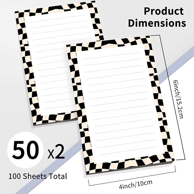 2 Pack Lined Sticky Notes 4x6 in, Cute Self-Stick Notepads with Lines, Large Memo Pads Strong Adhesive for Office, Home Black White Checkerboard