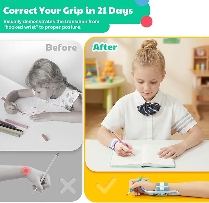 Grips for Pencil for Kids Handwriting, Ergonomic Wrist Support Brace for Kid (Right Hand Only) Adjustable Anti-Hook Writing Posture Correction for Preschooler, Students, Classroom Aid Tool