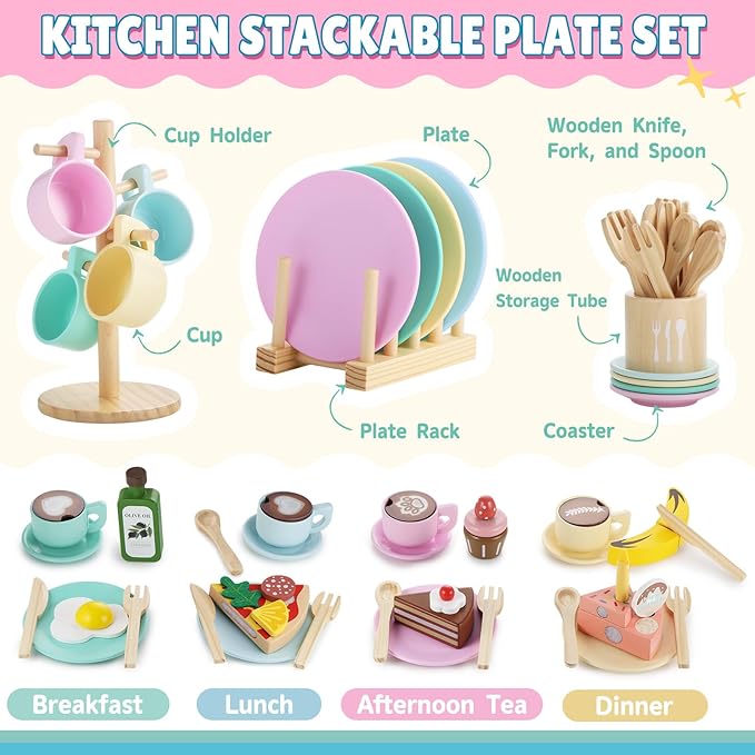 GAGAKU Kids Wooden Play Dishes Set -27Pcs Montessori Play Kitchen Accessories Plates and Bowls Set, Storage Stand & Play Food, Pretend Cooking Toys for Ages 3-5, Educational Gift for Toddler