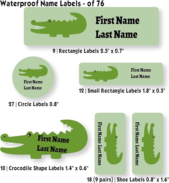 Personalized Kids Name Labels – Waterproof Custom Stickers for Daycare & School, Dishwasher & Laundry Safe (Crocodile - Light Green)