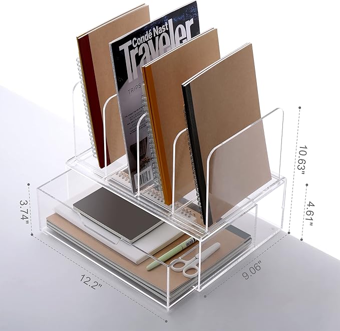 HeZone Desk Organizers and Accessories, Acrylic Desk Organizer with Drawer, Office Supplies Organization Storage, Clear Acrylic File Organizer for Desk - 1 Pack