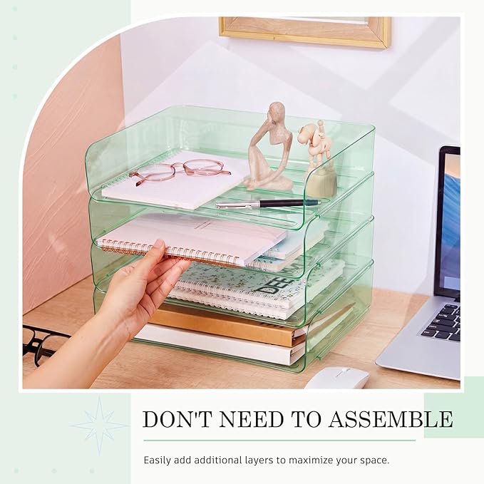 Harloon 4 Tier Clear Sage Green Acrylic Paper Organizer Letter Tray, Aesthetic Stackable Desk File Organizer Paper Holder Office Tray for A4, Modern Office Classroom Home File Pad Books Notes