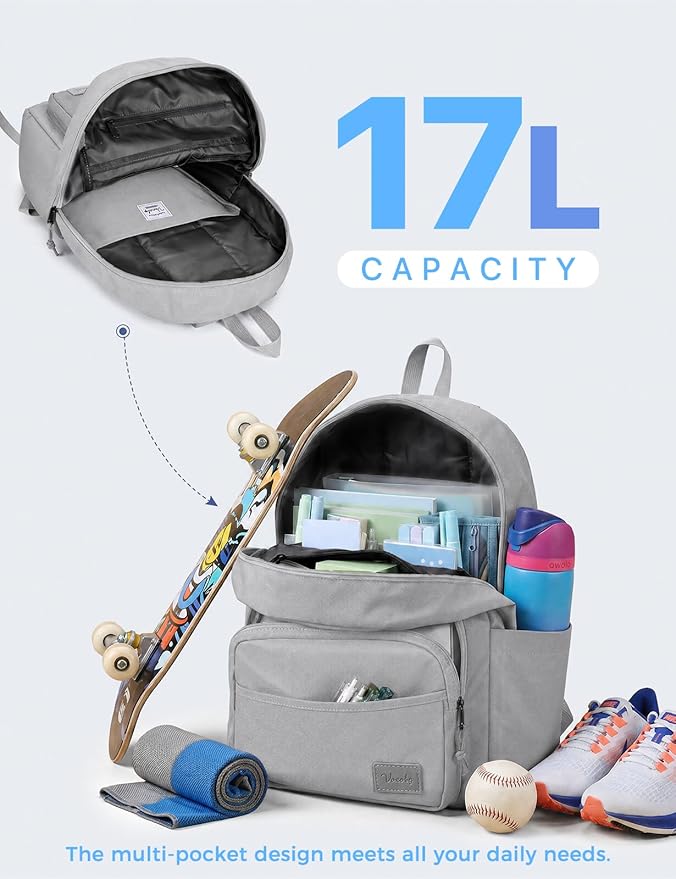 VASCHY School Backpacks, Lightweight Bookbag Schoolbag for Boys Girls Casual Basic Simple Daypack for Men Women Gray