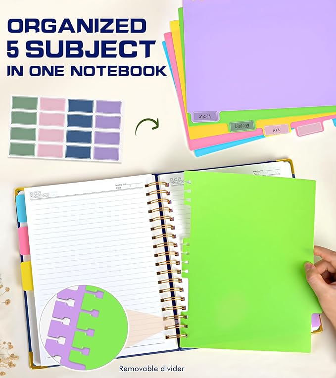 PAPEJOON 5 Subject Spiral Notebook Journal with Removable Dividers Tabs, 300 Pages Organizer Notebooks for Work School, A5 Hardcover Leather Notebook College Ruled, Lined Journal for Women Men，Navy