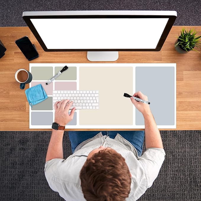 Dry Erase Desk Mat, Large Mouse Pad, Erasable Writing White Board for Making Plans, Self Adhesive Desktop Protector with 2 Wet Erase Markers & 1 Eraser for Home Office School 36"x16" (Gray Green)
