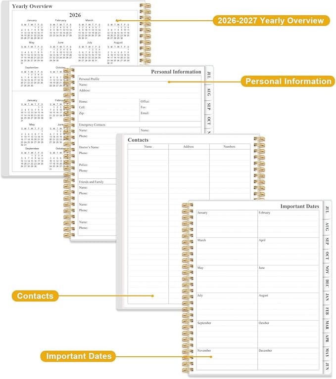 Academic Planner 2026-2027 - Weekly & Monthly Planner from July 2026 to June 2027, Agenda 2026 2027 with Inner Pocket, Elastic Band, 8.5" x 11", White Gold Leaf