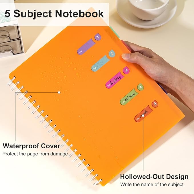 5 Subject Notebook 8.5 x 11 Large Spiral Notebook with Dividers 240 Pages Office Notebooks for Work Multi Subject Notebook with 5 Tabs Professional Organizer Notebooks for Note Taking School, Orange