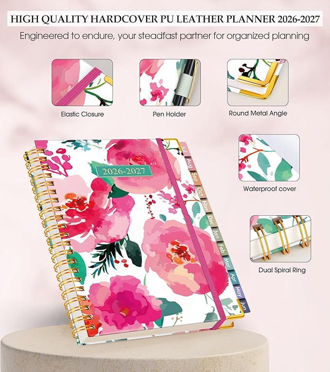 Academic Planner 2026-2027, Hardcover Leather Weekly and Monthly Calendar Planner from July 2026 - June 2027, A5 6.1" x 8.2" Daily Agenda with Tabs, College School Organizer for Student Teacher, Watercolor Blooms