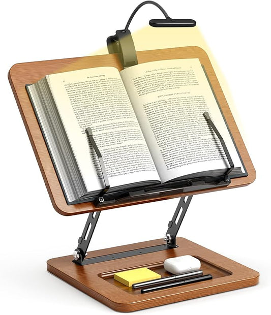 OPTIXCELL Book Stand for Reading with Light, Book Holders for Reading Hands Free, Adjustable Height & Angle, Fits Cookbook Recipe, Textbook, Foldable for Kitchen, Office, School,Gift for Book Lovers