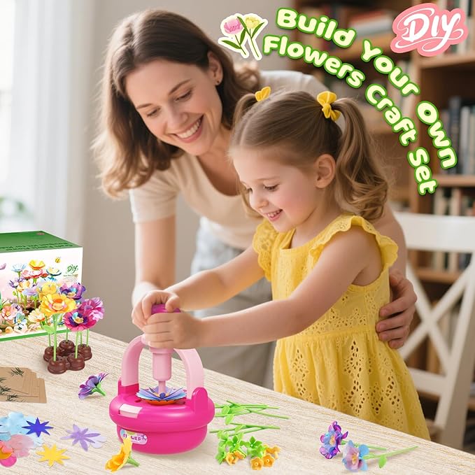 Flower Bouquet Making Kit for Kids Ages 4-8—DIY Arts and Crafts Toy, Build Your Own Flower Arrangement, Flower Press Craft Kit, Handmade Bouquet Birthday Gift for 3 4 5 6 7 8 9 Year Old Girls-[Rose]