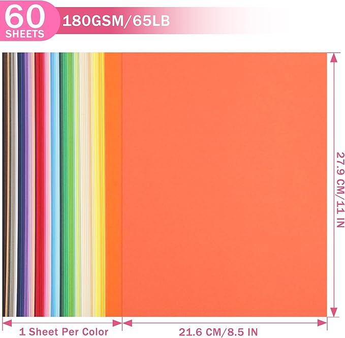 60 Sheets Colored Cardstock - 60 Mixed Colors Card Stock Paper 8.5"x11" Thick 180gsm/65lb Printer Paper for Card Making, DIY Crafts, Scrapbooking, Party UAP28MX060