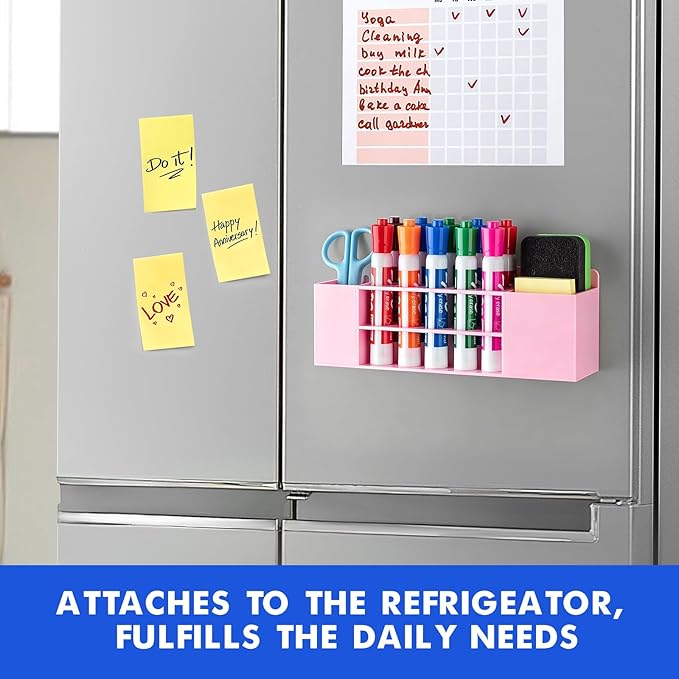 Magnetic Dry Erase Marker Holder for Whiteboard, Wall Mount Pen Holder for Refrigerator, Clear Pencil Holder for Fridge, Strong Magnet Locker Organizer for Classroom(Pink)