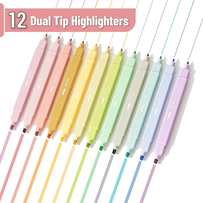 Mr. Pen- Dual Tip Aesthetic Highlighters, 12 pcs, Chisel & Fine Tip, Cute Highlighters Assorted Colors for Journaling, Highlighting, Underlining, Fast Dry, Back to School Supplies