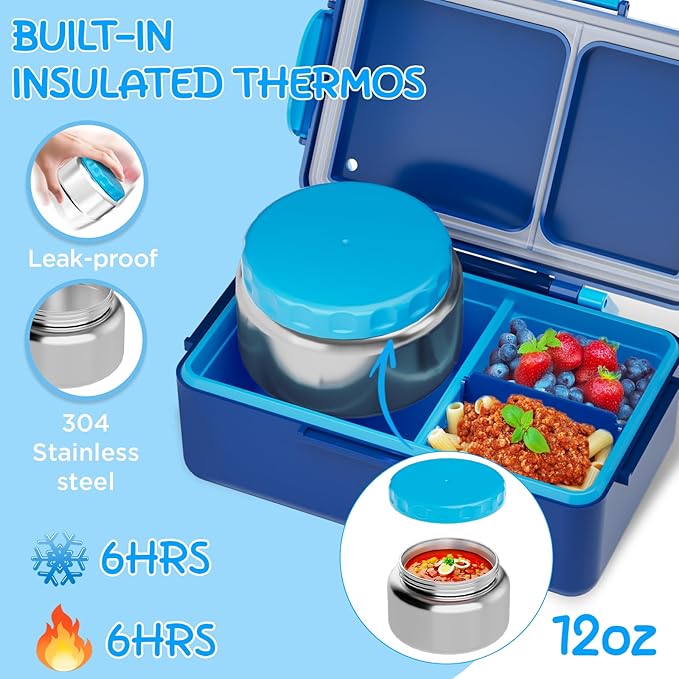 Dinosaur Bento Lunch Box for Kids – 12 oz Stainless‑Steel Soup Thermo & 3‑Compartment Leak‑Proof Food Container with Built‑In Ice Pack, Insulated Food Jar for Boys & Girls, School & Travel