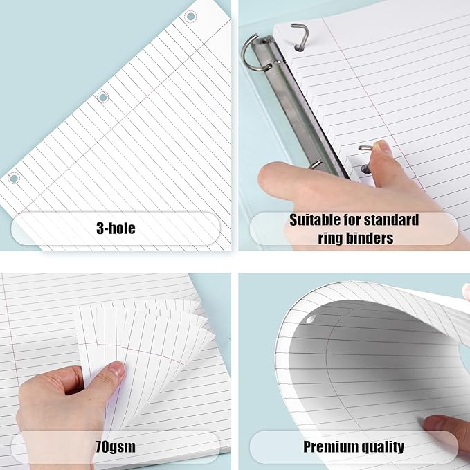 Koogel White Filler Paper, 3 Hole Punched, 100 Sheets Loose Leaf Wide Ruled Lined Notebook Paper, 8" x 10-1/2" Filler for Notebooks, School Office Writing Supplies, Fights Ink Bleed, White