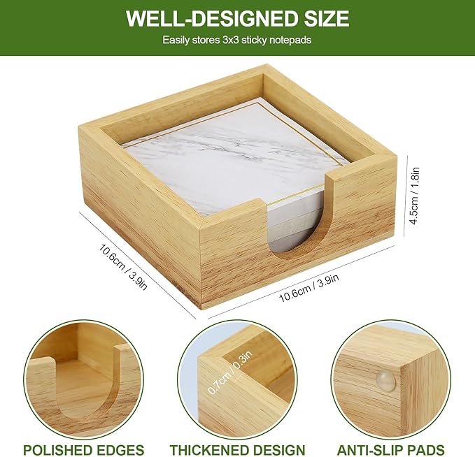 MultiBey Rubberwood Sticky Note Holder - Handcrafted Solid Wood Note Dispenser with Sheets, U-Shaped Easy Access Design & Non-Slip Base for Minimalist Office Desk Decor (3x3 inch)