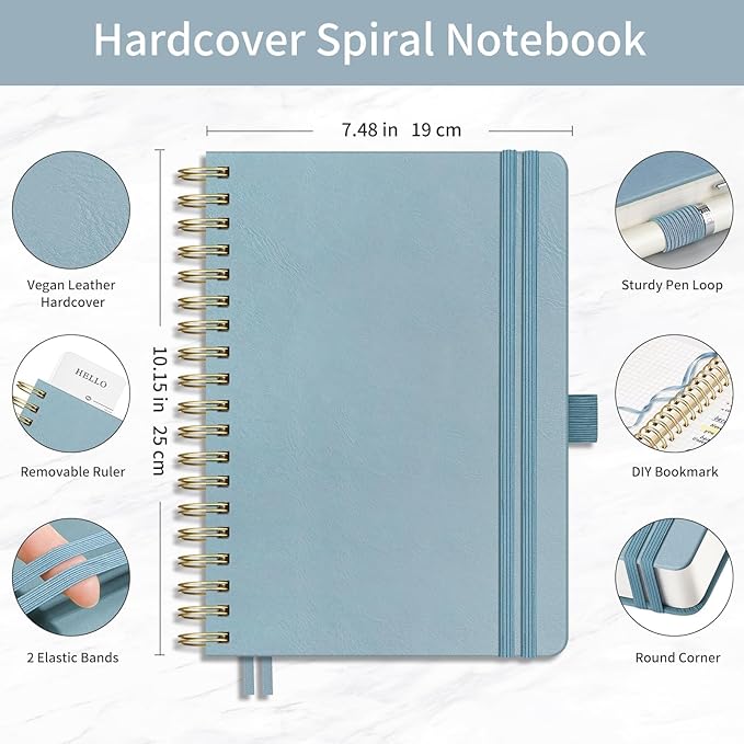 EMSHOI Spiral Graph Notebook, 300 Pages, B5 Large 7.48"x10.15", 100 GSM Thick Paper, PU Leather Hardcover, 5mm Grid Journal for Work School Math Engineering Writing Graphing, Gray Blue