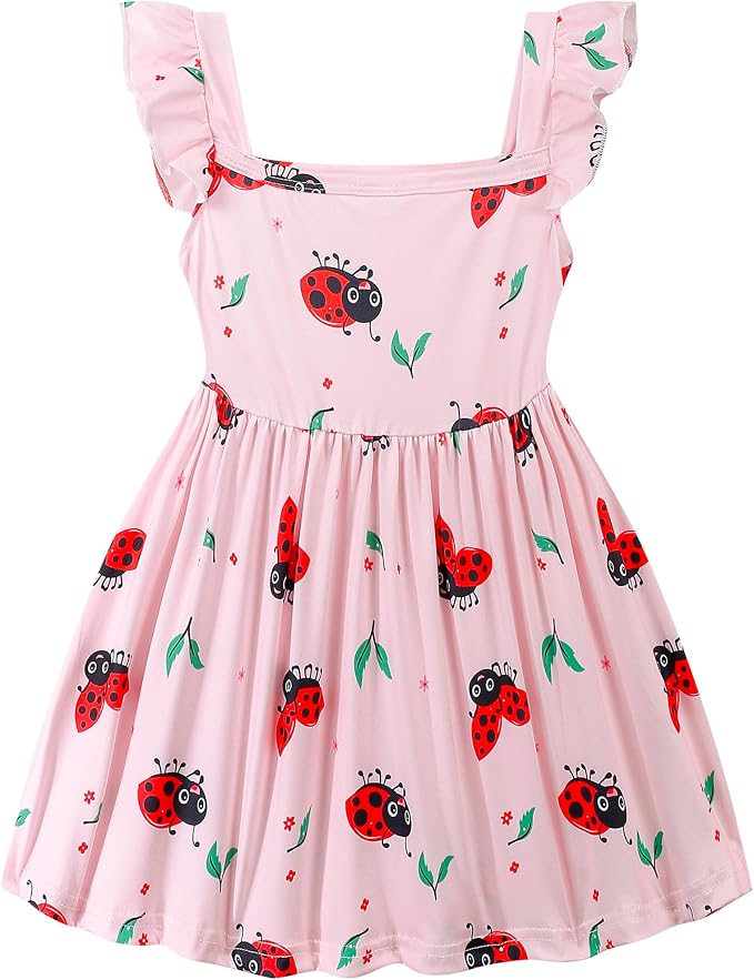 Popshion Girls Dresses Flutter Sleeve Swing Sundress Toddler Summer Clothes Kid Birthday Party Sleeveless Dress 1-8 Years Old
