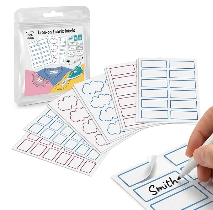 HX AURIZE Write On Fabric Iron-On Name Labels for Clothing (116 Pcs) - NOT A Regular Sticker, Anti-Bleed Washable Tags for Nursing Home & Daycare, Dry Cleaner Safe Kit (Berry & Sky)