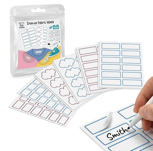 HX AURIZE Write On Fabric Iron-On Name Labels for Clothing (116 Pcs) - NOT A Regular Sticker, Anti-Bleed Washable Tags for Nursing Home & Daycare, Dry Cleaner Safe Kit (Berry & Sky)
