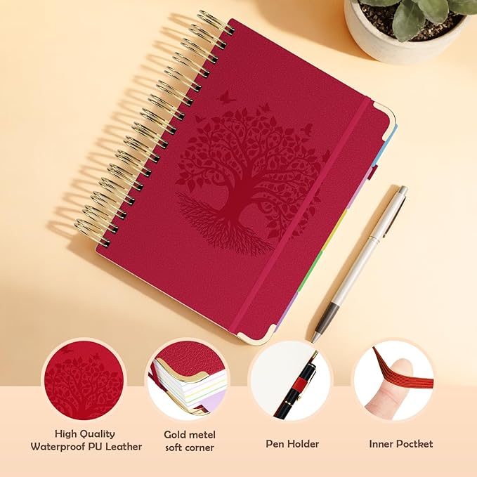 QIYVLOS Hardcover Spiral Notebook, A5 Journal with Removable Dividers Tabs, 5 Subject Notebook College Ruled, 320 Pages 6"x8" Leather Notebooks for Work School Study, Lined Journal for Women, Red