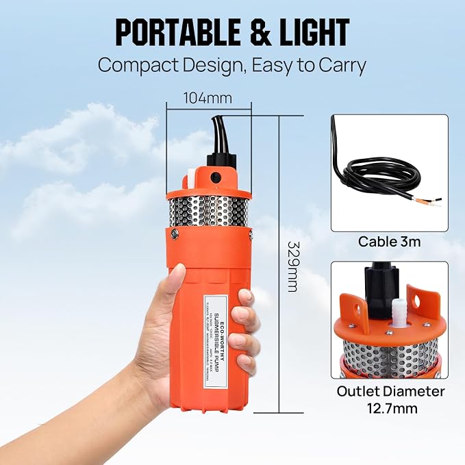ECO-WORTHY 12V DC Submersible Well Water Pump with 10ft Cable, Water Flow 1.6GPM, Max Lift 100ft/30m, 96W Deep Well Pump for Irrigation, farm, ranch, home