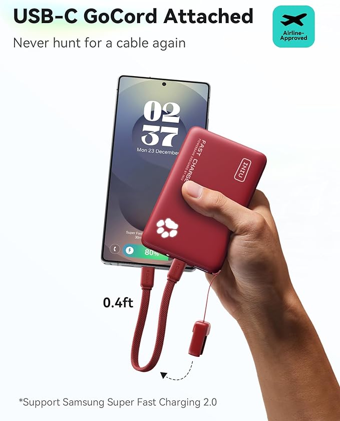INIU 45W Fast Charging Portable Charger, 40% Smaller 10000mAh with Detachable Cable, Flight-Safe Travel Power Bank, USB C External Phone Battery Pack for Long Flight, Vacation, Cruise, Teens, Red