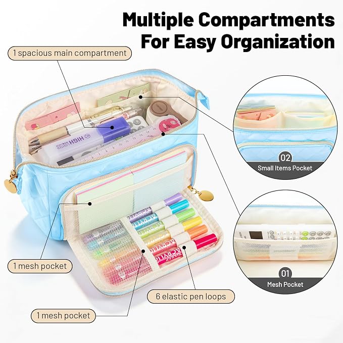 Cute Pencil Case for Girls kids Soft Quilted Pencil Pouch Bag Organizer | Wide Opening Big Marker Crayon Storage Bag Large Double Zipper Art Aesthetic Pen Bag Case Pouch For Kids School College Boys