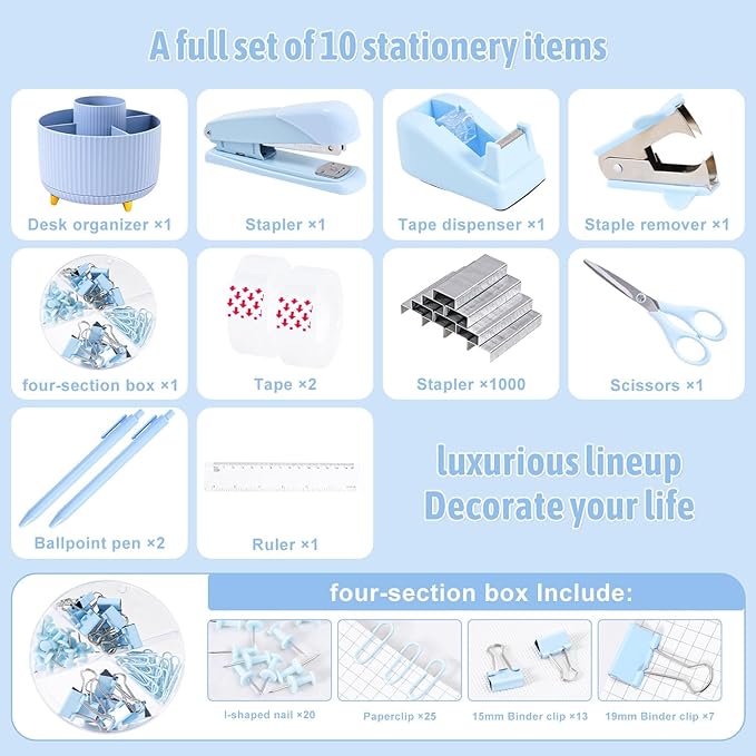 Gawsey Desk Organizers and Accessories Set with 360-Degree Rotating Pen Holder, Tape Dispenser, Stapler, Staple Remover, 1000 Staples, Tape, Clips Set, Ruler, Scissor, Pen (Blue)