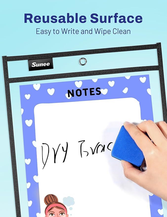 SUNEE 100 Packs Oversized Reusable Dry Erase Pocket Sleeves with 5 Rings, Black 10x14 Ticket Holders, Clear Plastic Sheet Protectors, Teacher School Classroom Supplies